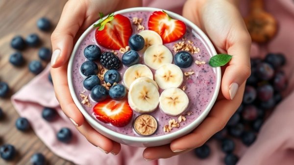 Nutritious fiber probiotic supplement smoothie bowl with fruits and granola.