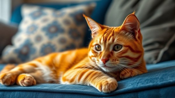 Orange tabby cat with attentive gaze relaxing on a blue couch, illustrating Hypothyroidism in Cats.