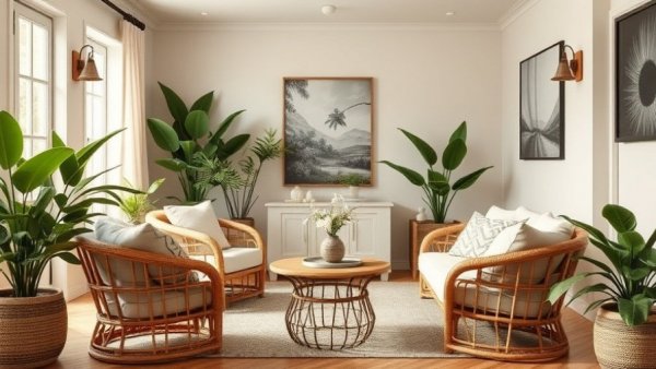 Elegant spring home decor trends with wicker chairs and greenery