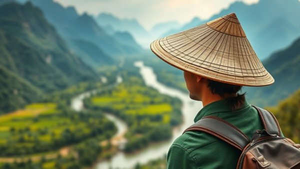 Traveler in conical hat enjoys serene mountain view, promoting mental health through culture-based travel.