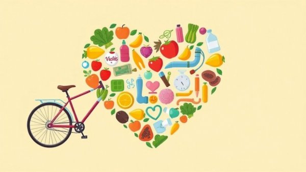 Illustrated heart with healthy lifestyle symbols for tips on a healthier lifestyle.