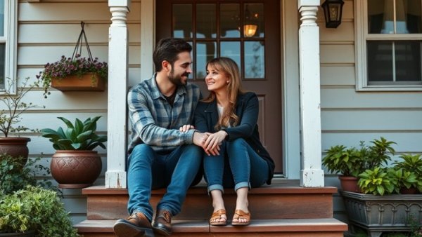 Young couple on porch, embracing, symbolizing Long-Distance Relationship Ideas.