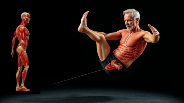 Senior man performing leg exercises with anatomical diagram, leg exercises for seniors.