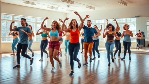 Dance fitness class promoting hormonal balance in a bright studio.