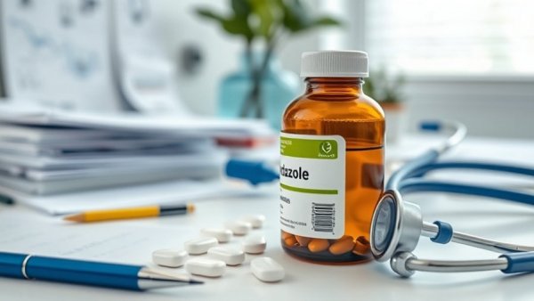 Fenbendazole bottle in cancer research setting with documents and stethoscope.