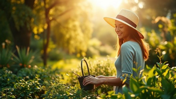 Woman gardening easy-to-grow herbs in a sunlit home garden.