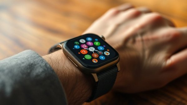 Smartwatch on wrist displaying colorful app icons, resting on a table.