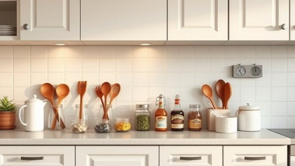 Organized kitchen counter with utensils and condiments, organizing a junk drawer.