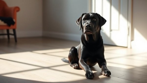 Black Labrador retriever waiting at a door, related to dog excessive urination causes.
