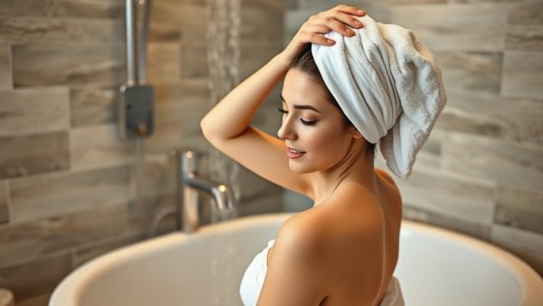 Elevate shower routine with relaxing towel wrap in elegant modern bathroom.