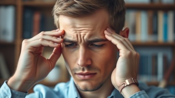 Young man with a headache, holding temples, in a home setting.