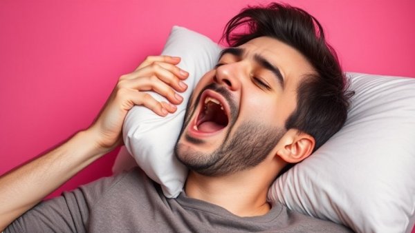 Yawning man with a pillow against a pink background, illustrating sleep troubles.
