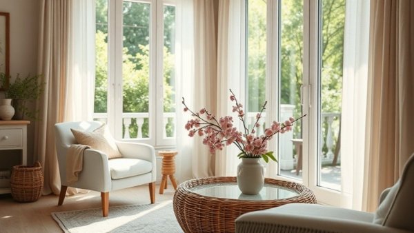 Cozy living room with white armchair and wicker table.