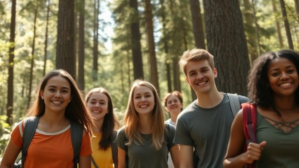 Teen hikers in forest at active summer camp.