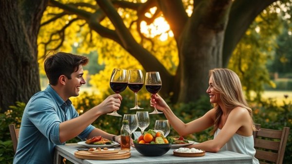 Casual Saturday night dinner ideas with couple toasting outdoors.