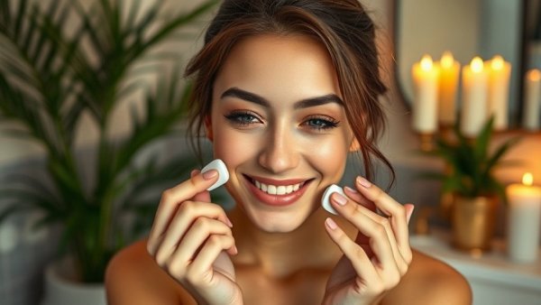 Woman exfoliating face in tranquil bathroom with plants and candles, best way to exfoliate for smooth, glowing skin.