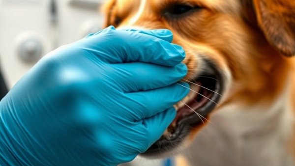 Vet examines dog's mouth for oral cysts wearing blue gloves.