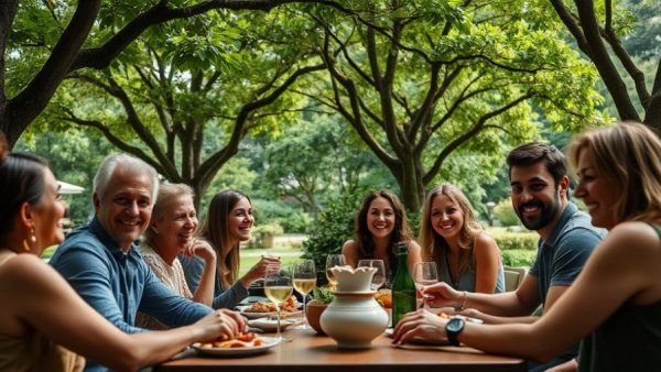 Friends enjoying plant-based Easter recipes in a garden.