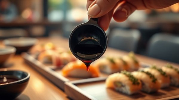 Close-up of soy sauce being poured into a dish near sushi, warm ambiance.