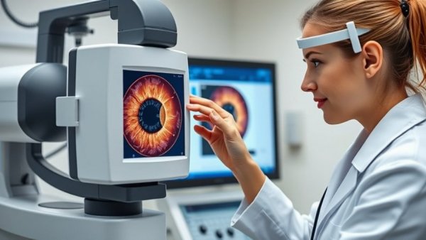 Technician using digital retinal imaging technology in medical office.