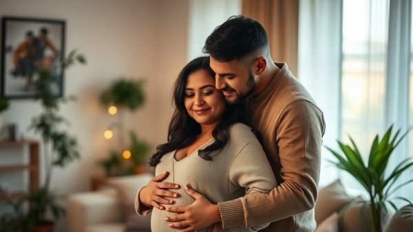 Couple embracing pregnancy at home, staying healthy.