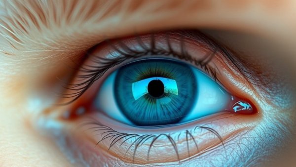 Vivid blue eye close-up promoting AREDS2 eye vitamins.