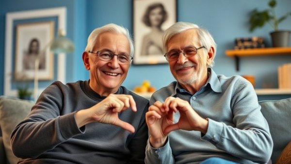 Older couple making heart shapes with hands in a cozy living room, highlighting Managing Health for Seniors.