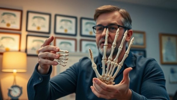 Man explaining core stability for back pain with skeletal model in office.