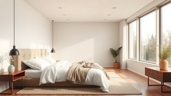 Modern bedroom design showcasing tricks to make a bedroom feel bigger.