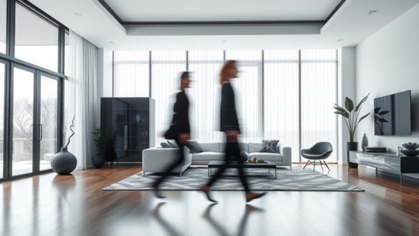 Modern minimalistic living room with people moving, luxury decor on a budget.