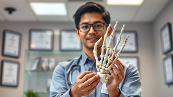 Young professional in medical office explaining anatomy.