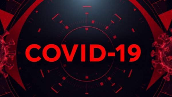 Abstract COVID-19 graphic with geometric shapes, BA.3.2 Cicada variant symptoms