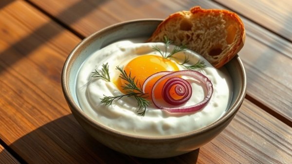 High-protein vegetarian dish with poached egg and herbs in rustic bowl.