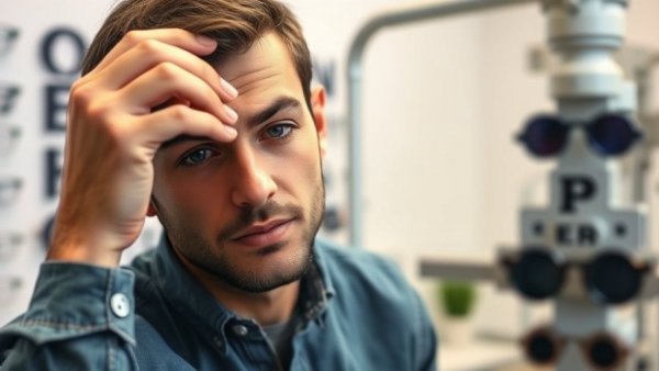 Young man covering one eye in an optician's exam room, improving sight.