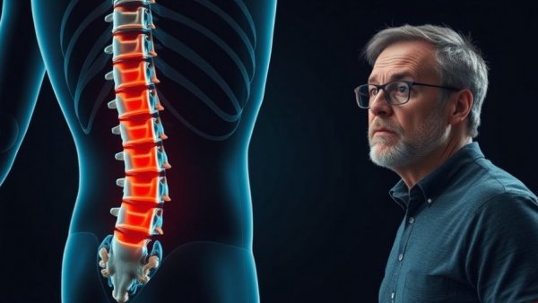 Illustrated spine depicting low back pain with concerned man.