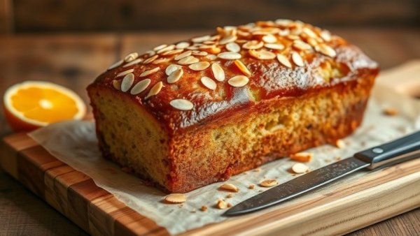 Freshly baked orange almond loaf cake with sliced almonds on a wooden board.