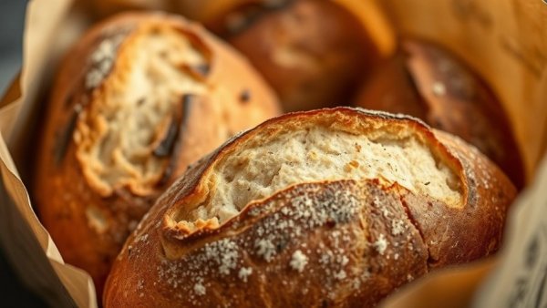 Close-up of rustic bread assortment in paper bag; bread cause weight gain concept.