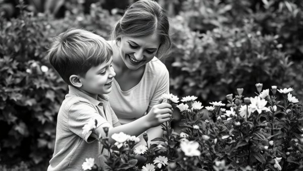 Mother and son picking flowers in garden - Mother's Day gifts for moms.