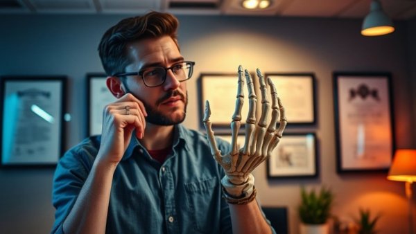 Man holding skeletal hand in a modern office.
