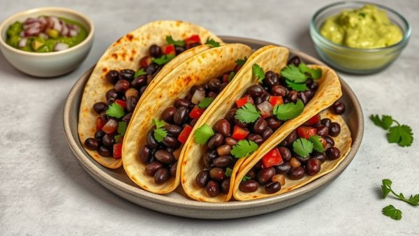 Crispy black bean tacos with guacamole and pickled onions.