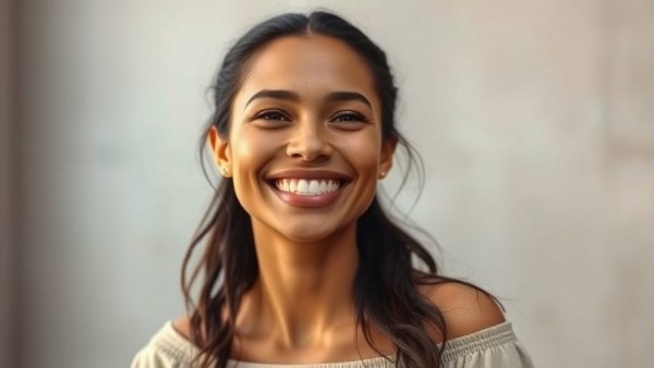 Cheerful woman smiling warmly, menopause gut health topic.