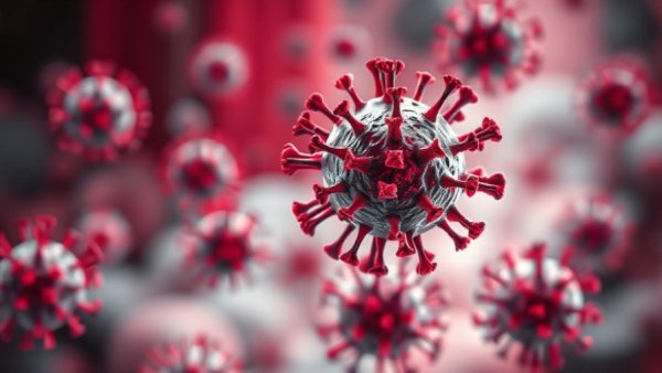 Illustration of viruses in a medical context, vivid red tones.