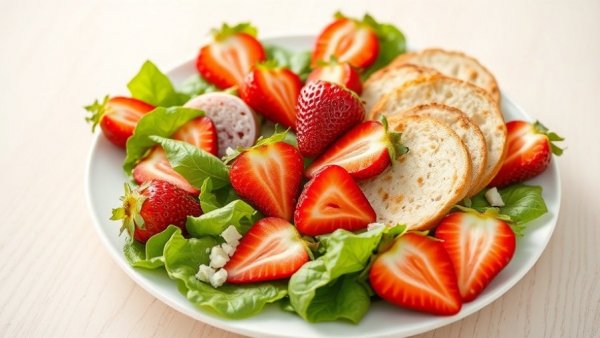 High protein spring salad with strawberries on a wooden board.
