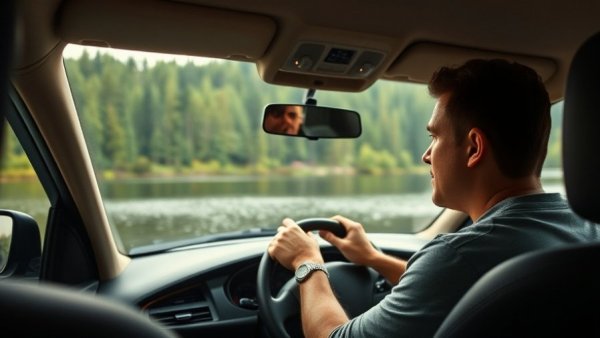 Driver enjoying serene lake view during daily drive, promoting wellness habits.