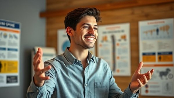 Young man explaining spine health indoors, bending your spine