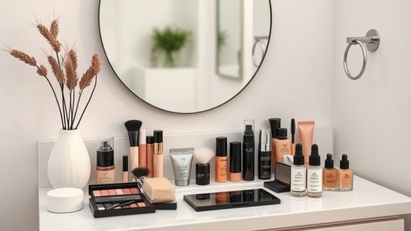 Organized makeup products on a marble vanity for a 5-minute makeup routine