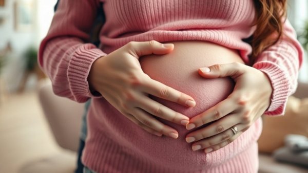 Wellness-Focused Surrogacy: Pregnant woman embraced, warm tones.