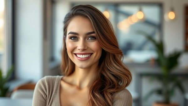 Confident midlife woman smiling warmly indoors.