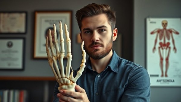 Young man discusses posture and chronic pain in a modern office.