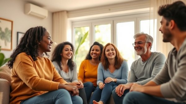 Diverse group in a cozy living room discussing the social microbiome.